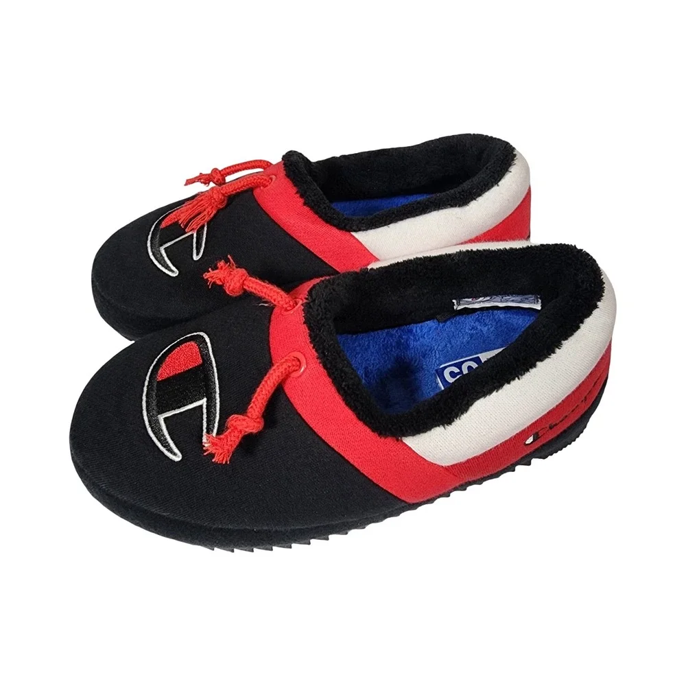Champion Kids Slippers Youth Size 5Y Black Red White C Logo Cozy Slip On‎